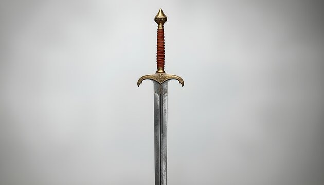 Medieval style sword with double edged steel blade and brass cross guard on plain background for historical weapon illustration
