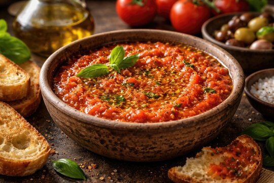 Rustic bowl of tomato and olive oil blend ideal for spreading on bread
