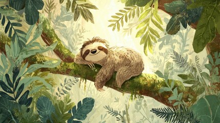 Fototapeta premium Calm lazy sloth lounging in a tropical canopy with soft watercolor textures