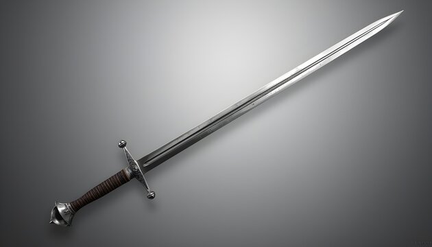 Medieval longsword 3D render with steel blade and leather grip isolated on neutral background for historical weapon concept