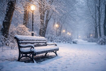 Naklejka premium Silent snow filled park with unoccupied bench on frosty morning