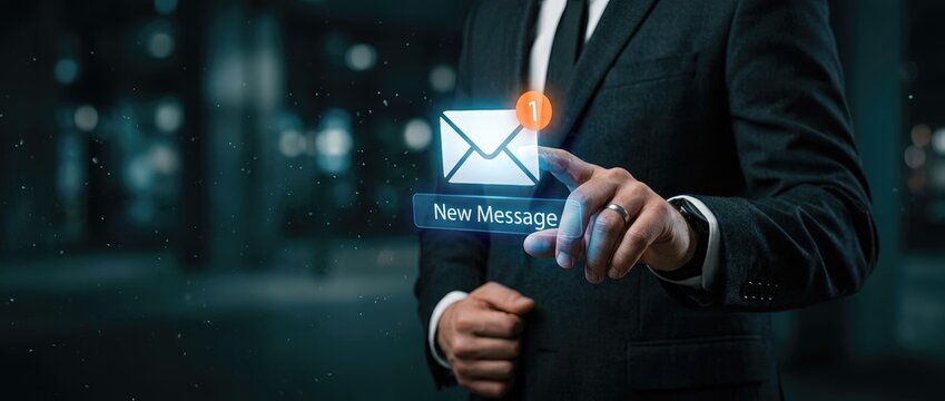 Business professional sending new message notification in urban office setting digital communication concept modern technology nighttime view