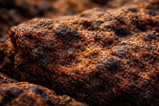 Macro photography of weathered laterite rock exhibiting rough and matte surface texture