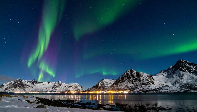 Vivid Northern Lights Glowing Above Snowy Mountain Fjord at Night
