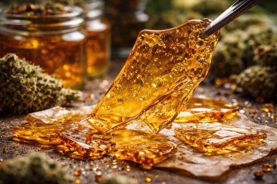 Cannabis shatter extract highlighting intense cannabinoid profile