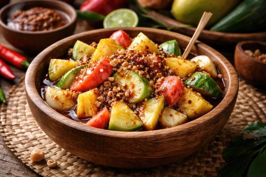 Traditional Indonesian fruit salad rujak served in a natural wooden container