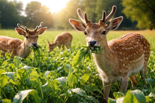 Playful fallow deer eating lush green crops in a calm agricultural setting with bright sunlight