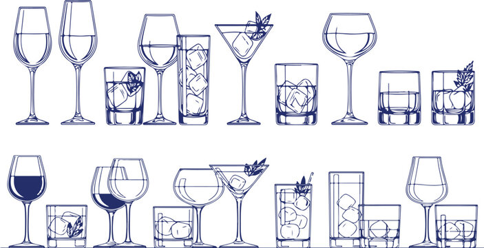 A line of various wine and cocktail glasses with ice and leaves on a beige background for drink or beverage concepts