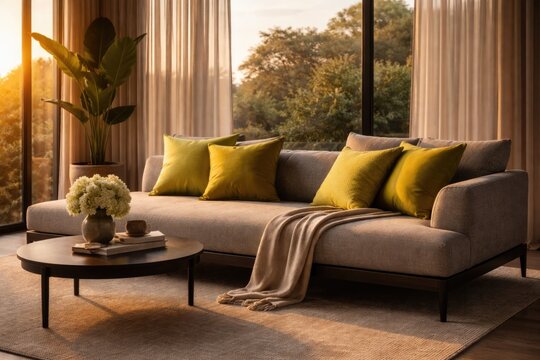 Elegant modern seating space with a grey daybed and vibrant yellow green pillows illuminated by sunset light for marketing mockup