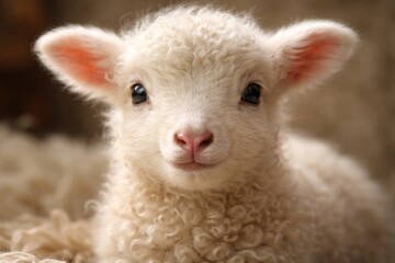 Naklejka premium Tender newborn lamb showing fluffy coat in tight portrait