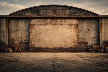 Fototapeta premium Weathered hangar exterior with textured facade and broad empty area for text suited for vintage aviation themes