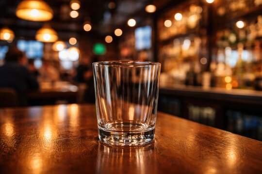 Transparent drinking glass sitting on a sleek counter in a lively pub atmosphere