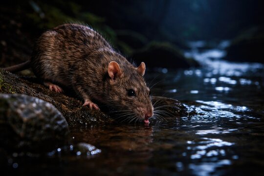 Nocturnal brown rat hydrating by a riverbank in wilderness