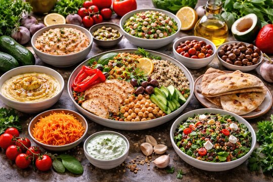 Balanced flexitarian Mediterranean meal components spread on cooking table emphasizing healthy eating