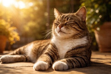 Obraz premium Relaxed pet cat under warm sunlight in sunny weather