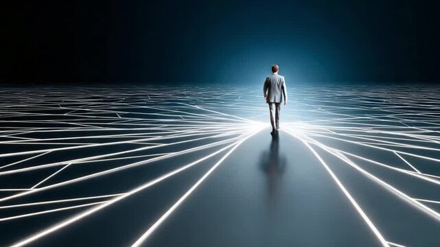  Navigating the Digital Frontier: A lone figure embarks on a journey through a luminous network, symbolizing exploration, innovation, and the path forward in a connected world.