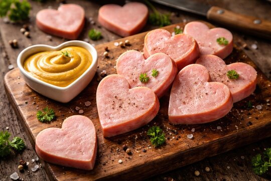 Sliced heart shaped ham pieces displayed with mustard sauce