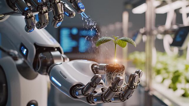 Robot hand nurturing green plant seedling