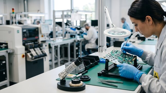 Female technician in a white lab coat working on a complex green printed circuit board using tweezers and a magnifying lamp in a modern laboratory.