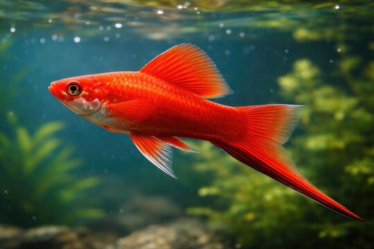 Graceful pet swordtail fish in bright red colors swimming in calm water