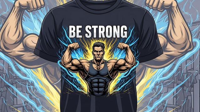 Black t-shirt featuring a muscular bodybuilder and be strong text