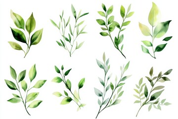 Obraz premium Various green leaves in different shapes and sizes arranged on a white background for art and design purposes