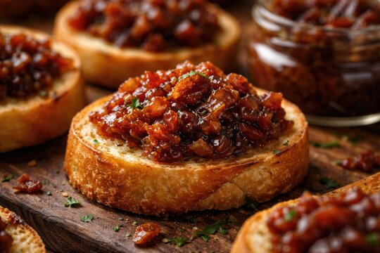 Macro shot of rich bacon jam on toasted baguette rounds