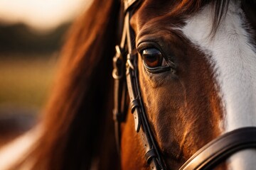 Fototapeta premium Focus on the expressive eye of a brown and white champion horse with copy space area