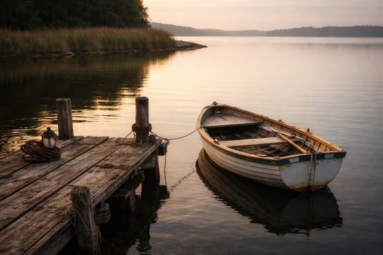 A quiet boat anchored on an aged dock along a placid waterside with copy space