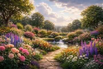 Obraz premium Serene garden view with lush flowers and a tranquil sky filled with clouds