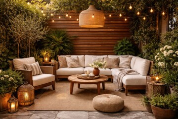 Obraz premium Stylish outdoor patio setup with wooden wall, garden plants, and comfy seating for relaxation