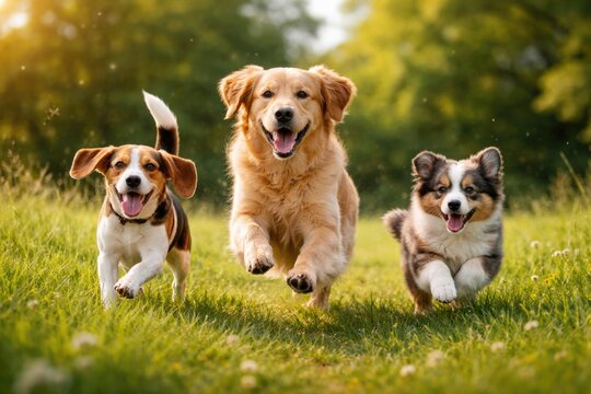 Playful pets running through fresh green summer grass in full length frame