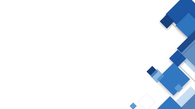 Abstract blue geometric squares sliding from top right corner on white background for corporate technology presentation.