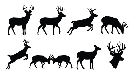 Fototapeta premium Deer Silhouette Vector Set - Wild Stag and Doe Icons in Jumping, Grazing, and Fighting Poses