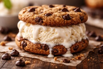 Fototapeta premium Refreshing ice cream sandwich made with warm chocolate chip cookies and melting vanilla ice cream
