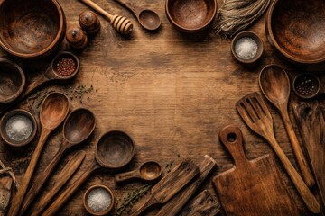 Fototapeta premium Flat lay of aged wooden kitchen utensils and bowls displayed on a natural wood surface providing copy space