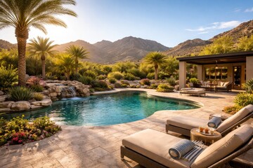 Obraz premium Spacious backyard in a desert environment with pebble tech pool and smooth travertine patio