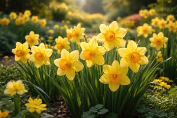 Fototapeta premium Radiant yellow daffodil blooms flourishing in a well tended garden