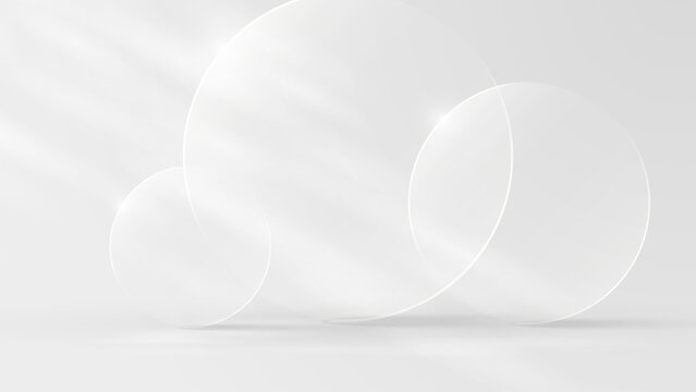 Transparent Circular Acrylic Panels On Minimal White Background Shapes. 3d realistic glass morphism background with transparent circles and soft shadows