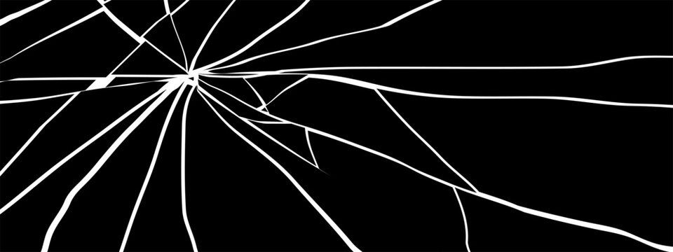 Black background with white cracked glass texture effect. Shattered glass effect with white radiating cracks on a solid black background.