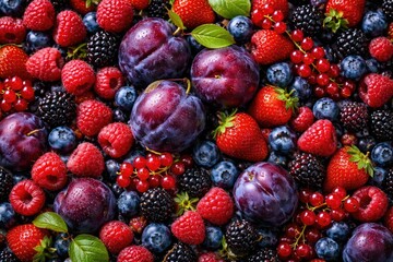 Fototapeta premium Overhead view of ripe raspberries plums and assorted fresh berries creating a vivid natural food background