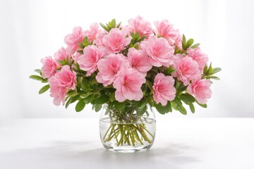 Fototapeta premium Pink azalea floral arrangement with green stalks isolated on a white surface