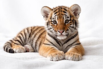 Fototapeta premium young tiger cub comfortably settled on a clean white texture