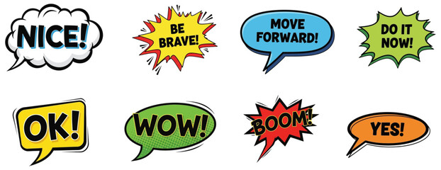 Naklejka premium Colorful comic book speech bubbles with motivational phrases