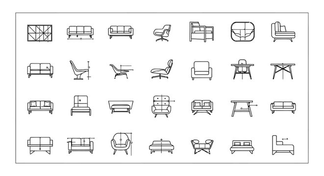 architectural furniture icons for interior design blueprints featuring various sofas chairs and tables as cad drawings