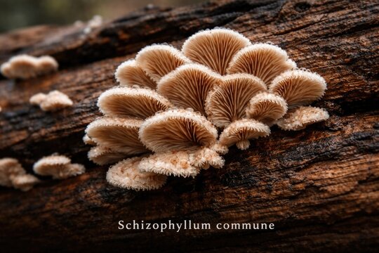 Schizophyllum commune mushroom developing well on weathered wood perfect for research articles with text area