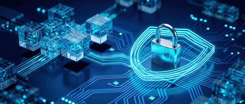 Cybersecurity protection with digital padlock and glowing shield over circuit board, data privacy and secure server technology.