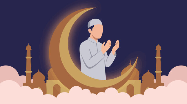 Islamic prayer illustration with Muslim man, mosque, and crescent moon at night