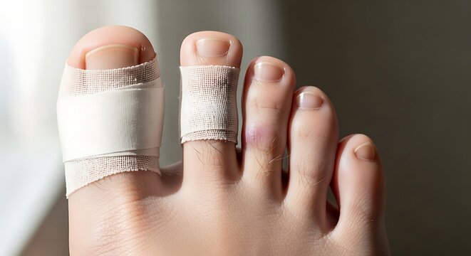 Injured Toes Wrapped with Medical Bandage in Close Up Foot View