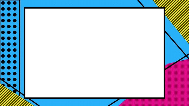 Vibrant Memphis style geometric background with animated shapes and a central white frame for retro graphic design.
